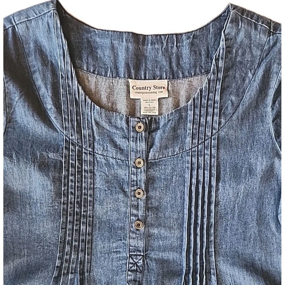 Womens Denim Midi Shirt Dress L Embroidered Pintuck Cottage Coastal Granny Chic - Picture 2 of 10